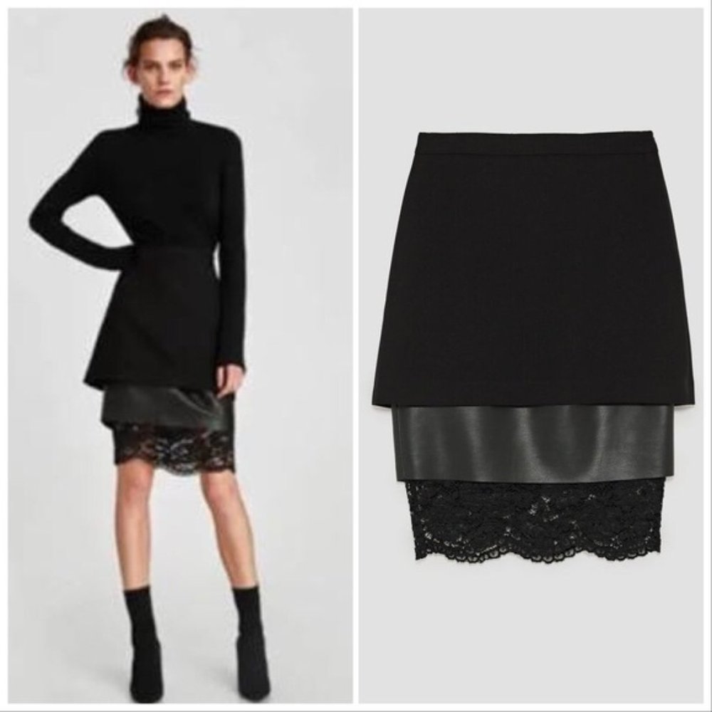 Zara Black Lace & Leather Skirt